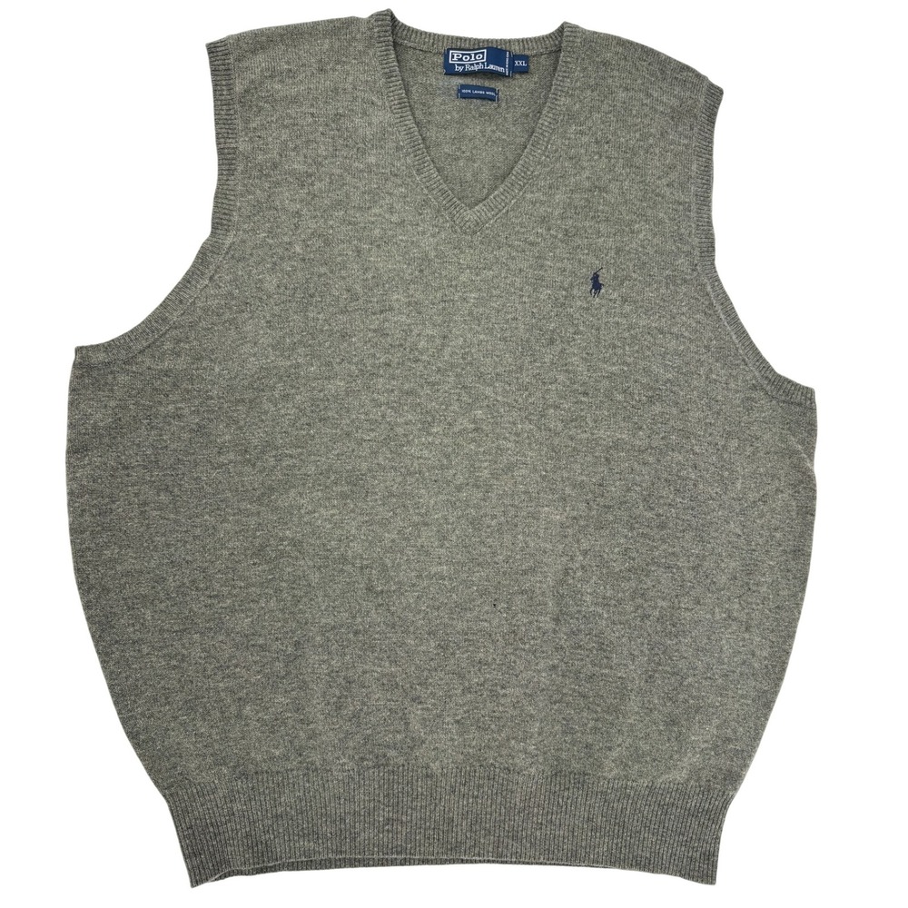 Polo Ralph Lauren Mens V Neck Sweater Vest XXL Lambs Wool Heather Gray Logo